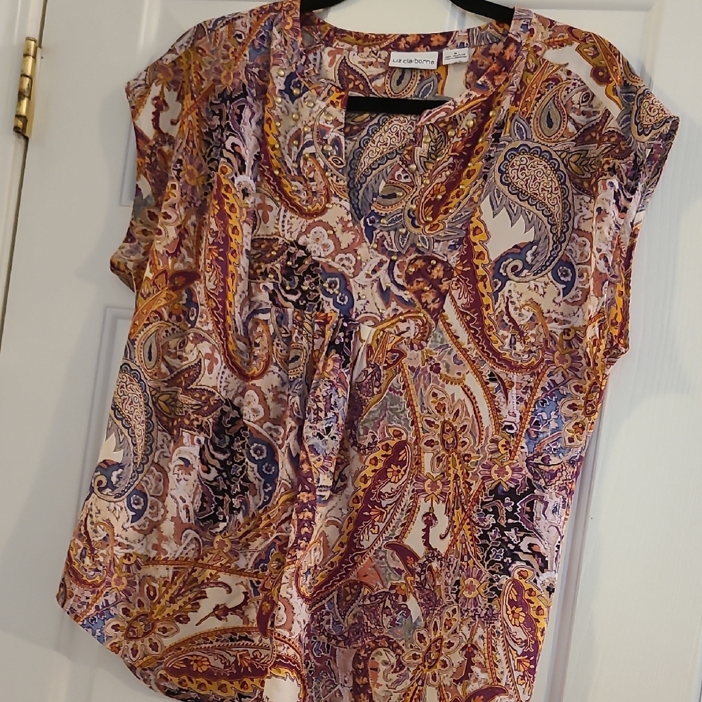 Liz Claiborne Brown and Orange Graphic Cap Sleeve Blouse